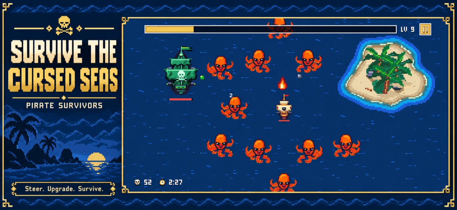 A pirate ship surrounded by krakens near a palm-tree island